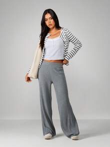 MISSGUIDED Ribbed Knit Wide Leg Palazzo Pants High Rise Comfortable Loungewear Casual Bottoms - Grey - View 3