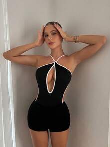 EgrlEra 女士黑白拼接交叉领紧身连体衣，夏季海滩度假 - 黑與白 - 查看 3