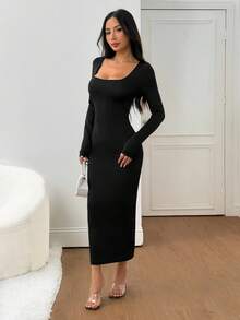 SHEIN PETITE 女士秋冬基础款针织灰色修身方领长袖连衣裙 女士长袖连衣裙 高弹力连衣裙 长款紧身连衣裙 长款修身连衣裙 - 黑色 - 查看 5