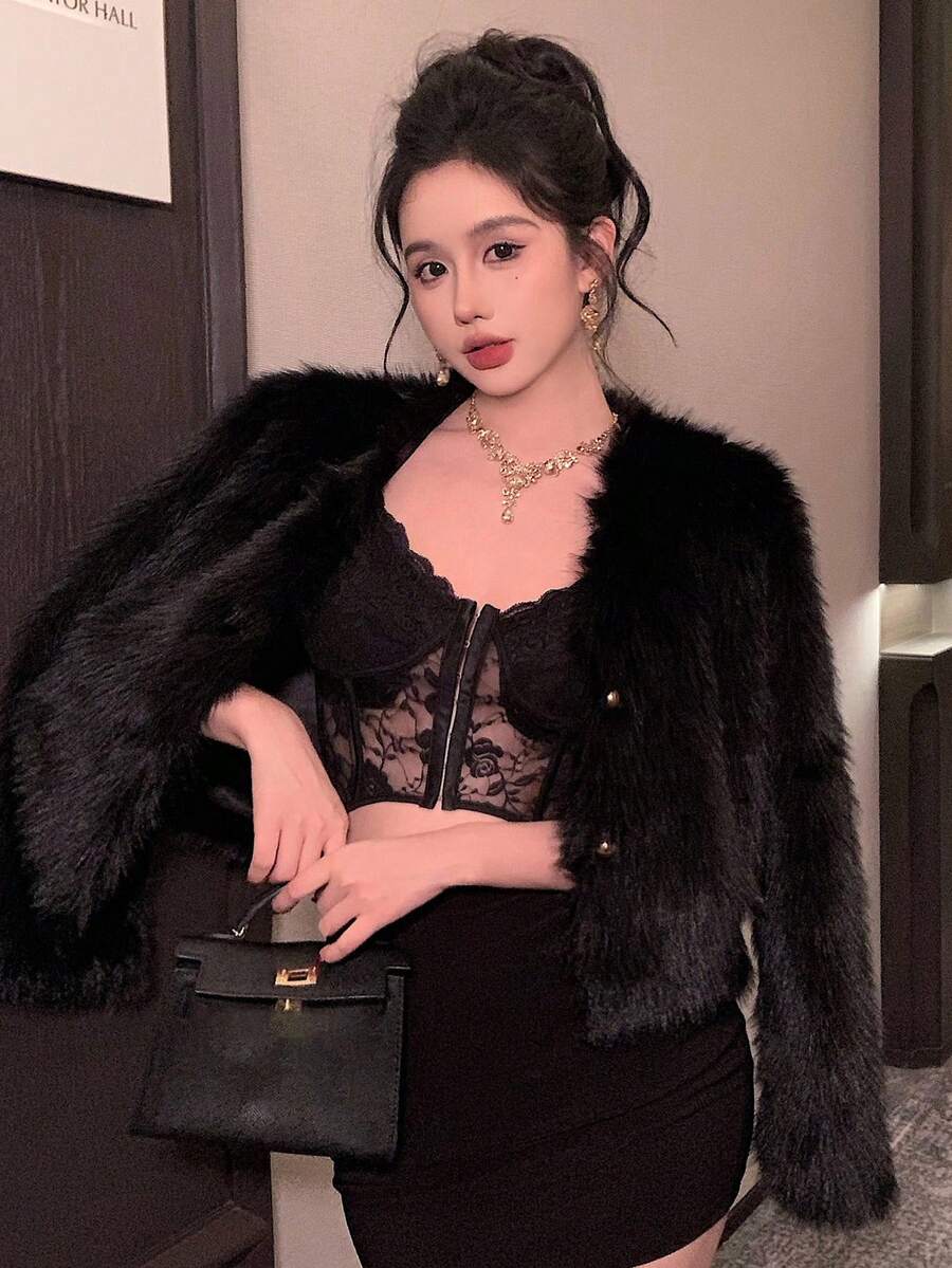 DAZY Chaqueta elegante de unicolor para mujer, otoño/invierno - Negro - Ver 1