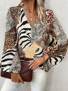 SHEIN Clasi Plus Size Women Leopard Print Long Sleeve Blouse, Elegant Casual Shirt For Everyday Wear, Summer - Multicolor - View 1