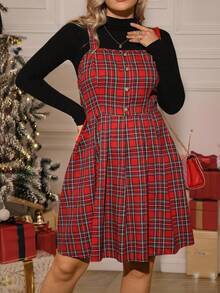 Flirla 加大码圣诞格子褶饰腰部短款吊带连衣裙 - 紅色 - 查看 3