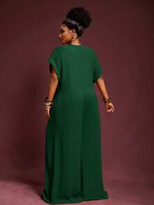 Veslaya 2025年新款复古优雅巧克力色V领短袖阔腿连体裤，大码女装，夏季 - 墨綠色 - 查看 4