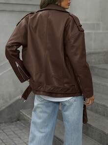 Aveloria Modichic Fashionable PU Leather Motorcycle Jacket For Women, New Slim Fit Stand Collar Long Sleeve Short Bomber Coat, Spring & Autumn  - Coffee Brown - View 2