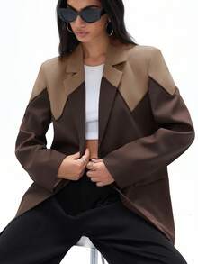 GENKIRA 女式现代设计拼色翻领拼布解构休闲长袖西装外套 - 卡其色 - 查看 5