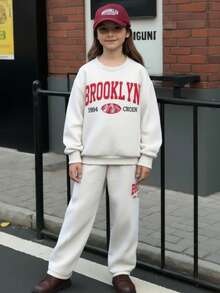 SHEIN 2件套休闲字母印花针织纯色宽松落肩长袖运动衫和阔腿运动裤套装 - 淺灰色 - 查看 14