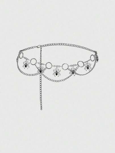 Goth 1 pieza Cinturón de cadena de mujer con araña de cristal circular plateada, decoración para vestidos góticos oscuros, adecuado para Halloween, uso diario versátil