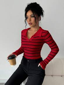 Elenzga Suéter casual de punto acanalado con patrón acanalado - Rojo - Ver 4