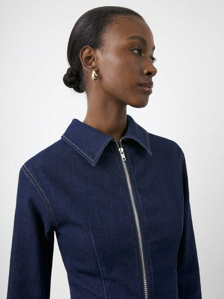 SHEIN Maija Women's Dark Blue Denim Long-Sleeved Shirt Dress Fitted Slim Maxi Dress Thanksgiving Outfit Waist Dress