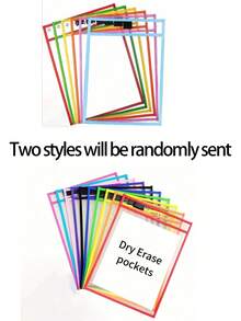 6pcs/10pcs (Random Color)Reusable Dry Erase Pockets, Extra Large Whiteboard Pockets, Transparent Plastic Protective Film, Teacher School Classroom Supplies