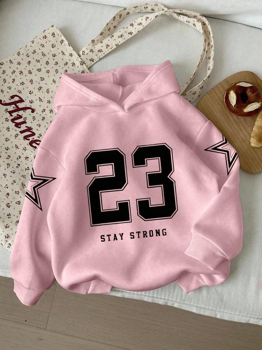 SHEIN 1件少女简约23数字和星星印花长袖卫衣，带字母印花，休闲适合外出、公园散步、聚会和日常穿着 - 很棒的礼物！ - 粉色 - 查看 1