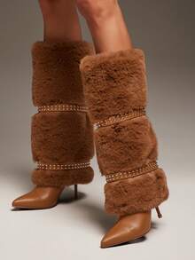 SHUZIA Giày bốt cao đến đầu gối mũi nhọn lông vũ quyến rũ dành cho nữ, ấm áp, thoải mái vào mùa đông - Lạc đà - Xem 4