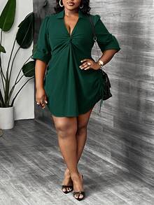 Slaydiva 优雅休闲通勤派对约会性感修身纯色橄榄绿长袖褶皱扭结前襟抽绳腰迷你衬衫裙，适合大码女性，春秋季 - 墨綠色 - 查看 4
