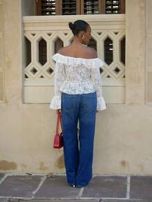 Yess Loren Women Summer Vacation Casual Open Front Ruffle Trim Off Shoulder Long Sleeve Sheer White Lace Blouse - White - View 3