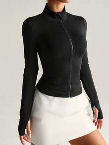 Dewbera Chaqueta deportiva de mujer para otoño/invierno, de cuello alto negro, con cremallera completa, de manga larga, con estampado de leopardo, ajustada con paneles de contraste, adecuada para uso casual diario, correr, yoga, gimnasio, tenis, golf y talla grande - Negro - Ver 4