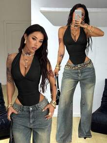 Coolane 女士夏季演唱会服装 狂欢服装 节日外出 Y2K 海滩服装 热带度假 白色 V 领连体裤 - 黑色 - 查看 2