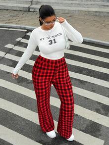 SHEIN EZwear 大码女式高腰休闲格子喇叭裤 - 紅色 - 查看 5