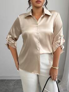 Elenzga Áo sơ mi poplin bóng trơn màu thanh lịch, tay bo gấu, cài nút đơn cỡ lớn dành cho nữ - Rượu sâm banh - Xem 3