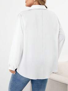 SHEIN CURVE+ 大码女式秋冬休闲宽松舒适 V 领黑色长袖衬衫、秋季女装、女式衬衫、曲线上衣、老款、黑色上衣、商务休闲女装、女式办公室装、W、教师衬衫、女式秋装、冬季、CURVE PLUS - 白色 - 查看 2