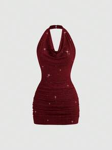 SHEIN PETITE Women's Short Turtleneck Backless Sequin Knit Bodycon Party Mini Dress - Red - View 1
