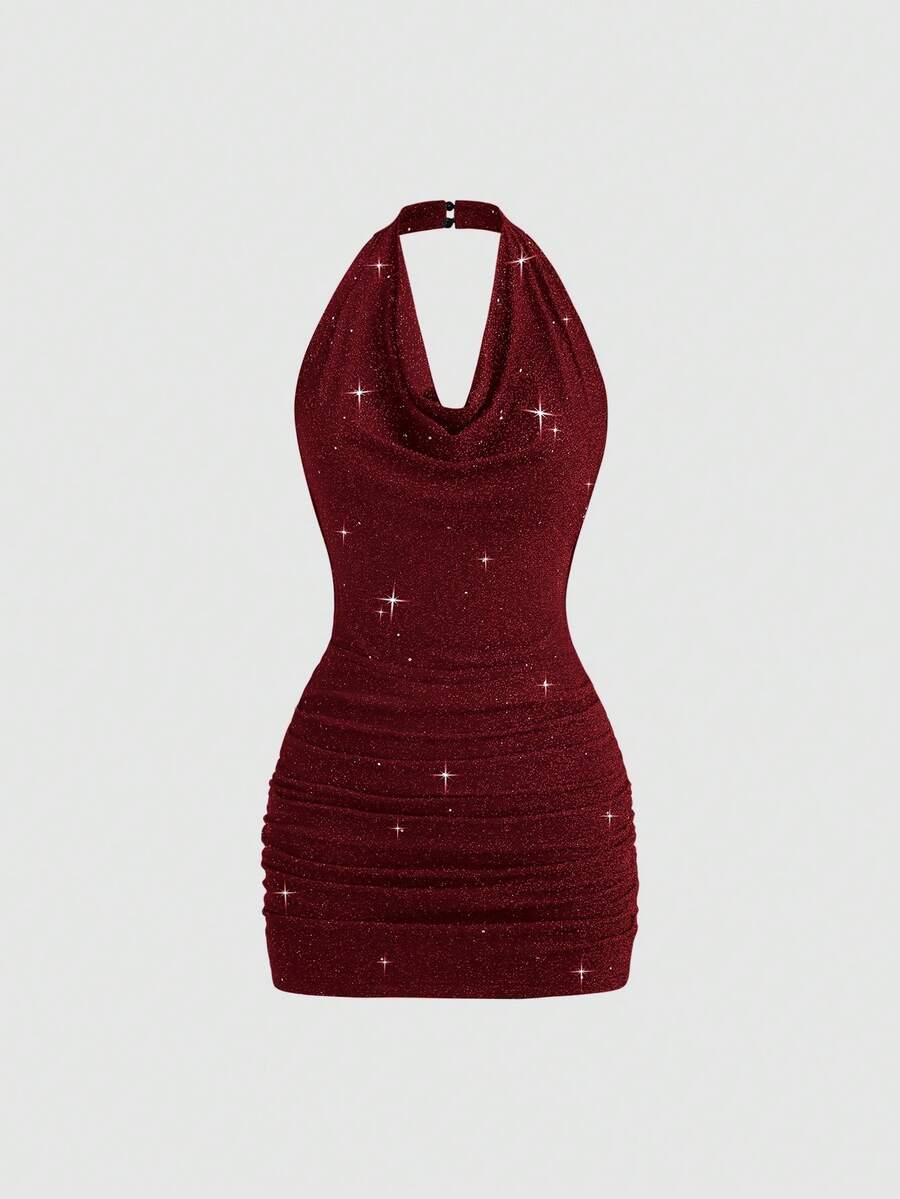 SHEIN PETITE Women's Short Turtleneck Backless Sequin Knit Bodycon Party Mini Dress - Red - View 1