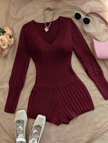 Soleia 秋冬女士纯色V领长袖简约休闲毛衣连体裤 - 酒紅色 - 查看 4