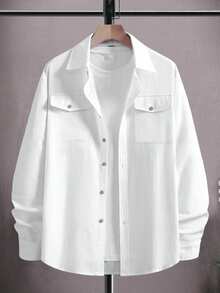 Manfinity Men's Single-Breasted Casual Loose White Plus Size Long Sleeve Shirt, Dual Pocket Design. Men's Casual Business White Shirt. Men's White Pocket Shirt. Men's White Button-Down Shirt. Casual Shirt With Two Pockets. Long Sleeve Style, Suitable For Men. Casual Outings, Business Commute, Can Be Worn Alone Or As A Layer, Boyfriend/Husband Gift, Anniversary Gift, Autumn Casual Shirt With Two Pockets Long Sleeve For Men - White - View 3