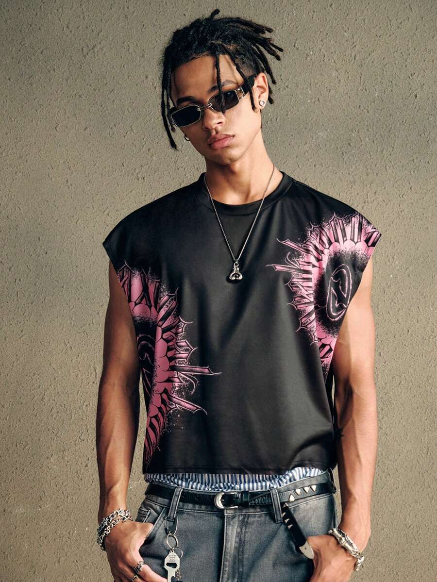 AXEPEAK 男士休闲街头宽松短款无袖背心 - 黑色 - 查看 1