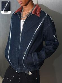 Manfinity EMRG Men's Drop Shoulder Color Block Collar Loose Zip-Up Fashionable Denim Oversized Jacket Crop Jacket For Men Vintage Jacket Men Rhinestone Jacket Men - Dark Wash - View 4