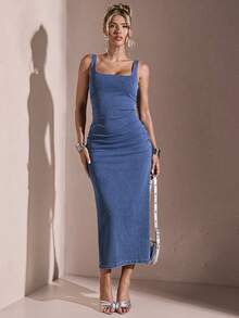 ATUI Studio 夏季實心褶皺側邊牛仔裙 - 藍色 - 查看 4