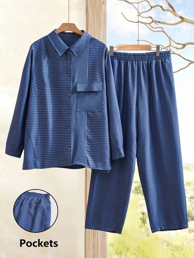 Conjunto de 2 piezas de camisa y pantalones de talla grande para mujer, de manga larga, con rayas y parches, y bajo asimétrico, color azul
