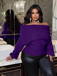 NU&NOW Plus Size Women Solid Color Off-Shoulder Cable Knit Pullover Sweater - Purple - View 1