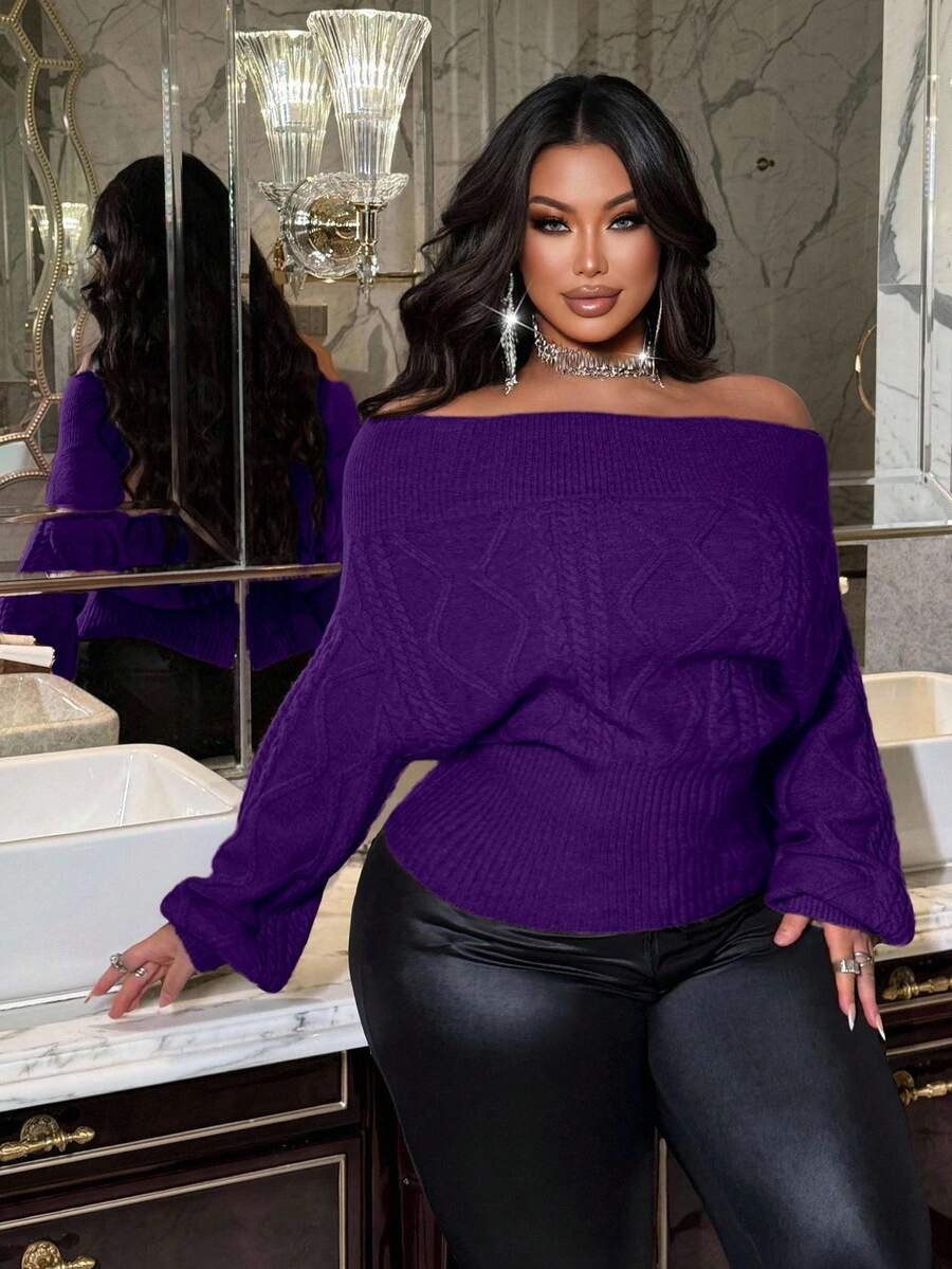 NU&NOW Plus Size Women Solid Color Off-Shoulder Cable Knit Pullover Sweater - Purple - View 1