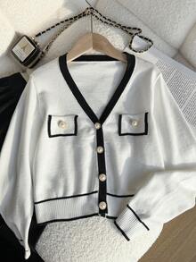 2 件套青少年女孩 V 领手工珍珠纽扣开衫和直筒裤套装，学院风，适合圣诞节、返校季，宽松简约 - 黑與白 - 查看 5