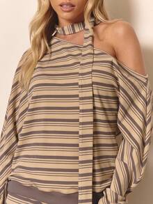 MUSERA Asymmetrical Shoulder Stripe Long Sleeve Slouchy Top With Scarf Cute Cool Girl Cosy Fall Autumn Winter Everyday Clean Girl Casual Butter Yellow Cottage Core Old Money Butterscotch Holidays Party Spring Summer - Multicolor - View 2