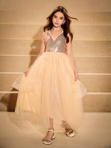Elegant Champagne V-Neck Gold Sequin Mesh Dress For Tween Girls,Summer Flower Girl Gown For Evening Party,Christmas,Prom,Wedding,Graduation - Champagne - View 7
