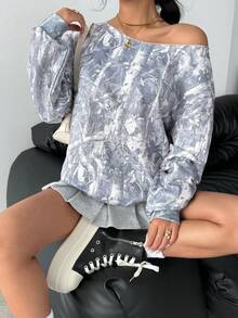 SHEIN Áo nỉ hở vai dáng rộng in họa tiết lá chết phong cách Mỹ cho bé gái tuổi teen, áo phông, quần áo thu đông Áo nỉ hở vai, áo nỉ xám, áo phông mùa hè, trở lại trường vào mùa thu đông - Nhiều màu - Xem 6
