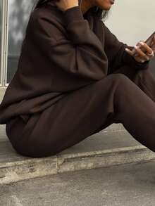 INAWLY 女士休闲日常通勤落肩宽松半拉链运动衫和运动裤两件套，秋季 - 咖啡棕 - 查看 5