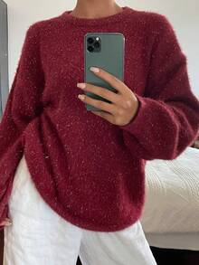 Livesso 女士宽松商务休闲时尚街头优雅红色亮片闪亮新年圣诞节婚礼情人节套头针织毛衣，秋冬 - 紅色 - 查看 2