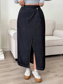 Dazy Plus 深色水洗牛仔前开衩长A字裙，秋季时尚单品 - 深色水洗藍 - 查看 4