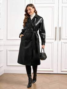 Ellevyn Women's Thermal Lined PU Leather Long Trench Coat, Autumn/Winter,Fall,Fall Clothes For Women - Black - View 2