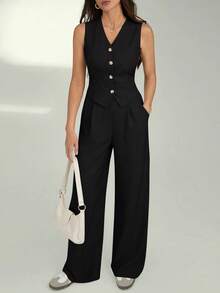 SHEIN Tall Women's Solid Color V-Neck Sleeveless Waisted Casual Suit, Summer In Fall/Winter - Black - View 4