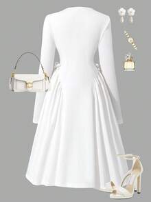 SHEIN Girls Elegant Floral Long Sleeve Dress, Versatile For Spring & Autumn - White - View 3
