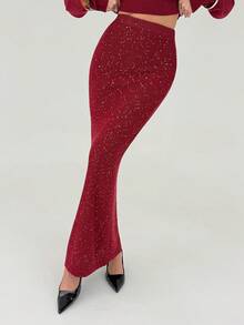 Aloruh Wine Red Stand Collar Loose Top + Wine Red Sequin Yarn Tight Extra Long Skirt