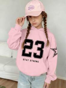 SHEIN 1件少女简约23数字和星星印花长袖卫衣，带字母印花，休闲适合外出、公园散步、聚会和日常穿着 - 很棒的礼物！ - 粉色 - 查看 3