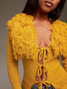Denimoi Fringe Detail Open Front Sweater Cardigan For Fall And Winter Fashionable - Yellow - View 2