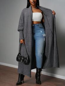 Slaydiva 2025 New Autumn/Winter Plus Size Women Collegiate/Business Casual Wear/Western Style Cardigan/Office Attire/Street Club Fashion/City Vacation/Graduation Date/Refined Elegant/Party/Independence Day/Casual Basic Outdoor Social Loose Gray Batwing Sleeve Cape-Style Mid-Length Knitted Cardigan Sweater Fashionable For Women - Black - View 7