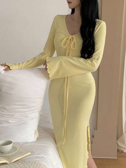DAZY Solid Color Lace-Up Design Fitted Long Dress Nightgown For Women Pajama, Winter