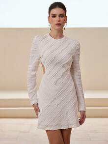 Modelyn Váy dự tiệc tay dài ôm sát, khoét lỗ Jacquard màu trơn dành cho nữ - Màu be - Xem 8
