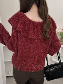 FRIFUL Damen Herbst/Winter Rüschen Patchwork Langarm modischer gestrickter Cardigan - Rot - Übersicht 7